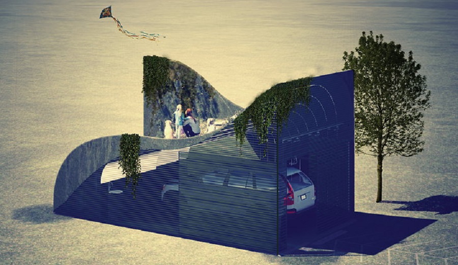 Garázs dizájn: az autóbeálló egyben parkos felület is a családnak